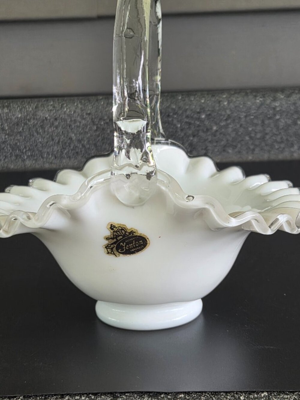 Fenton Silver Crest 7" Basket White Milk Glass w Clear Handle MCM Art Glass